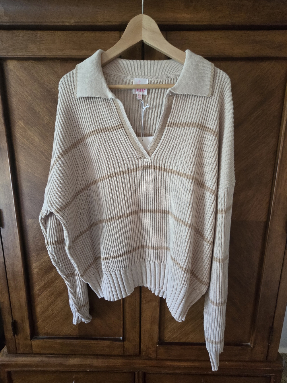 So Me Cream and Tan Striped V-Neck Collared Sweater